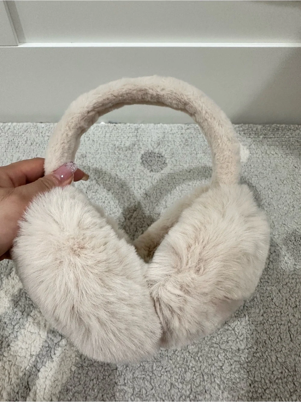 Women's Fluffy Faux Fur Earmuffs Cream Beige Plush Winter Ear Warmers Solid